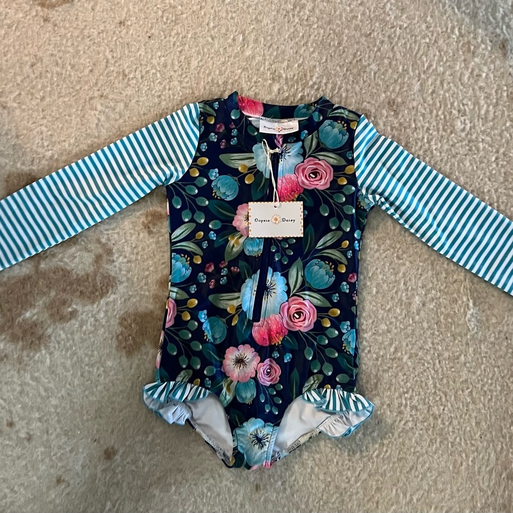 Size 6 Zip Teal Stripe Rashgaurd swimsuit